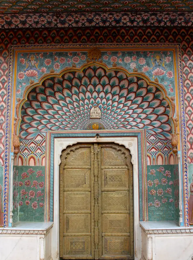 Carved and painted gateway in Pritam Niwas Chowk at the City Palace, Jaipur