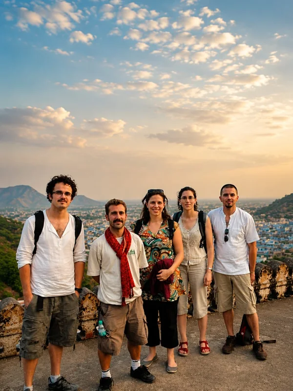 A group of travellers at a fort viewpoint above the city at sunset