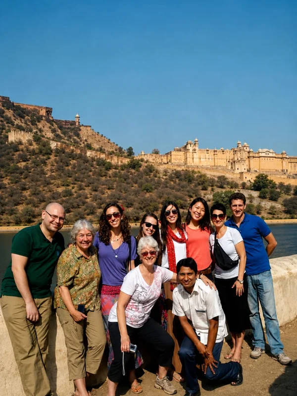 Travellers with their driver below Amber Fort in Jaipur