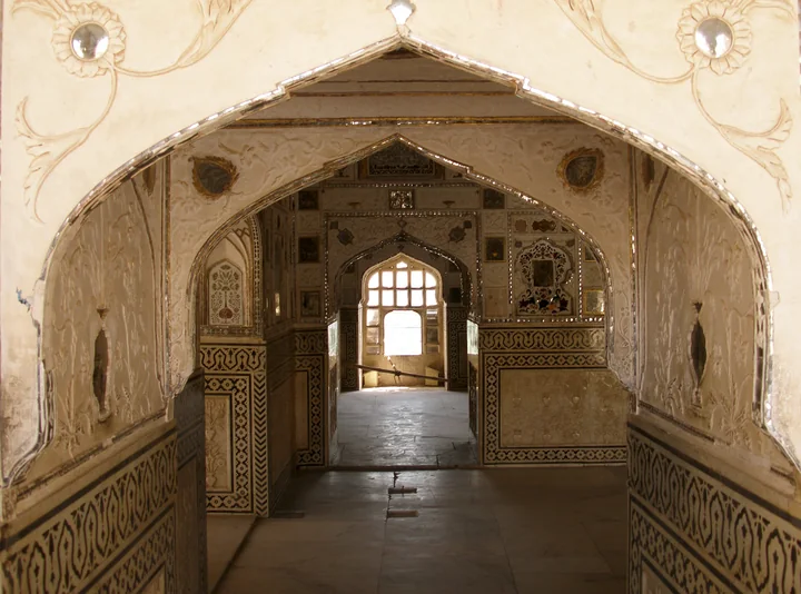 Mirrored walls of the Sheesh Mahal inside Amber Fort