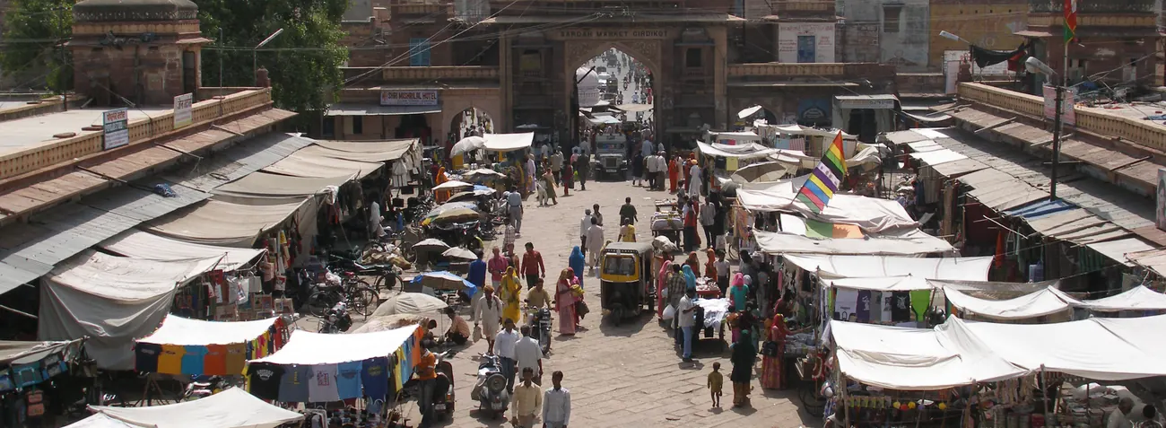 Market stalls below the clock tower gate in Jodhpur